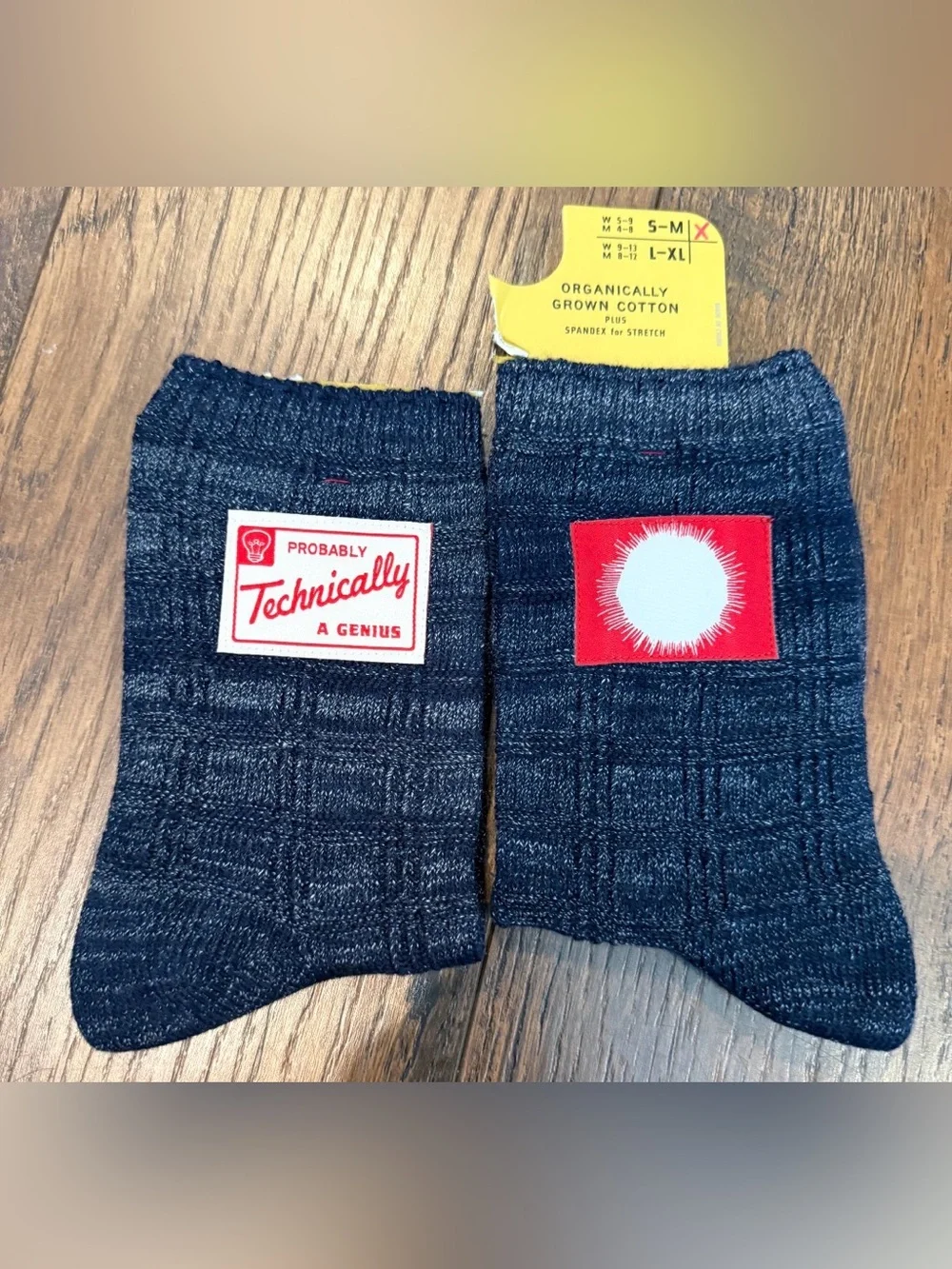 NWT BLUE Q SOCKS, Organically Grown Cotton, “Probably Technically A Genius” S/M